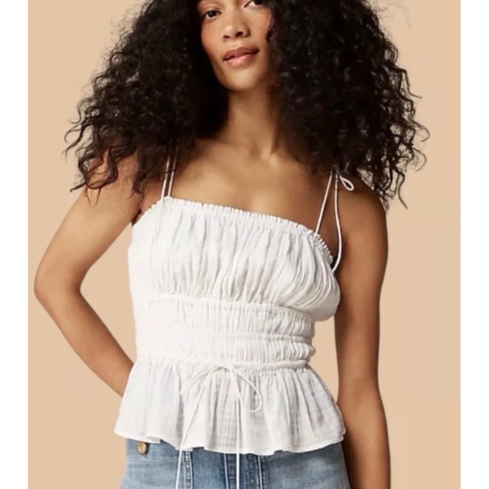 J.Crew White Smocked Peplum Cami Tie Shoulder Strap Top CA526 Summer 24 Small